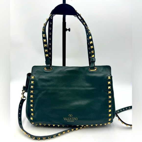 Auth Valentino Garavani Forest Green Leather Rockstud 2way Trapeze Shopper Tote - Picture 10 of 16